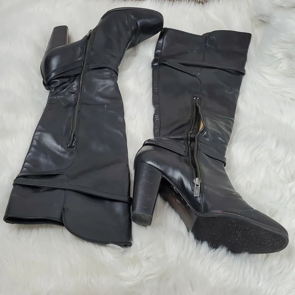 Frye black leather heel high boots women size 10